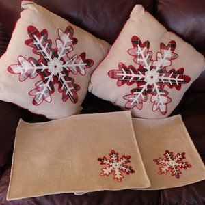 Two Burlap Plaid Snowflake Throw Pillows and 2 Place Mats